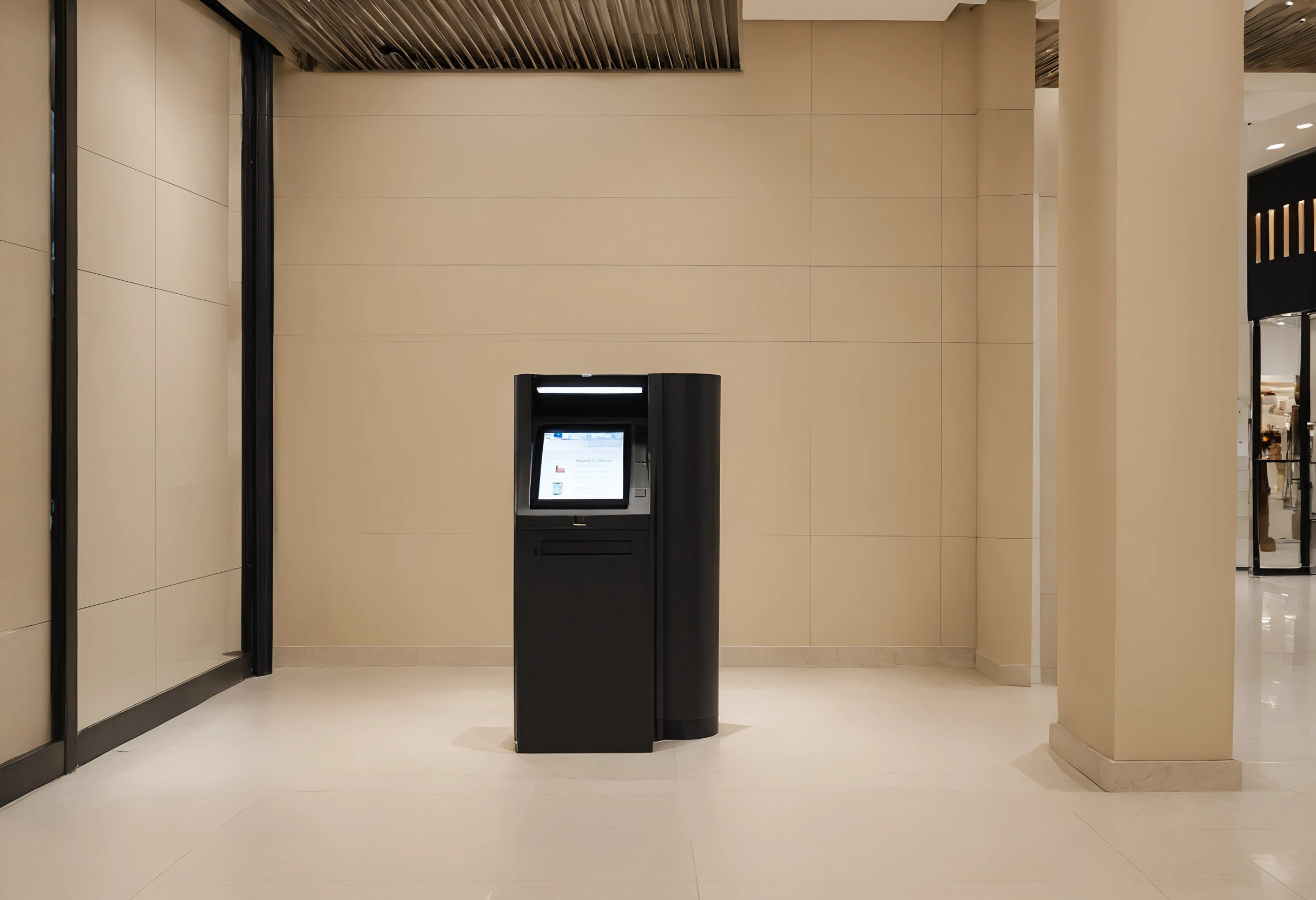 Black self-service kiosk standing in a recessed wall niche off a mall corridor with stone flooring