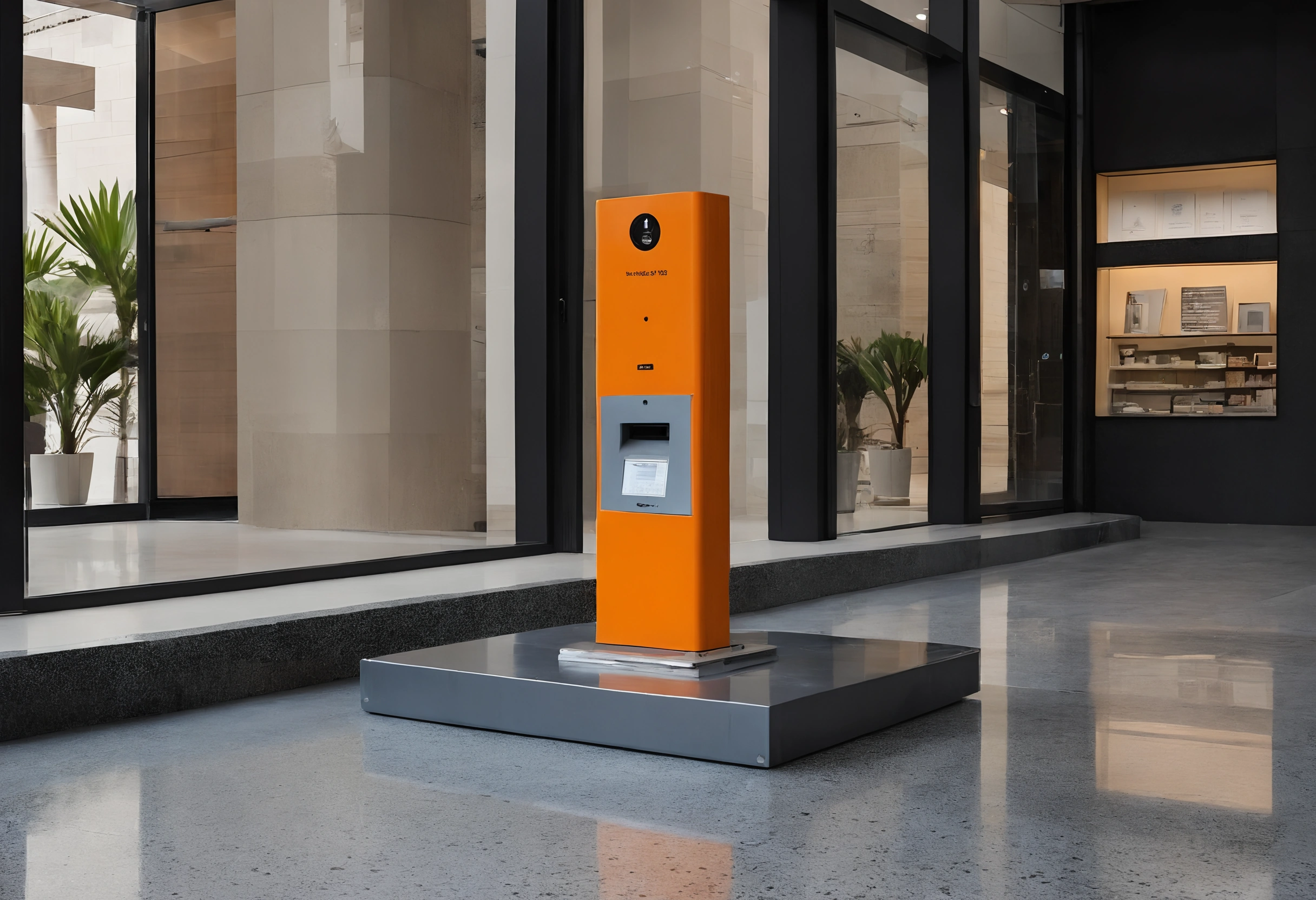 Orange freestanding kiosk on a raised grey plinth in a glazed lobby